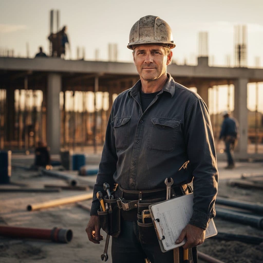 An experienced licensed tradesperson on a job site holding a clipboard